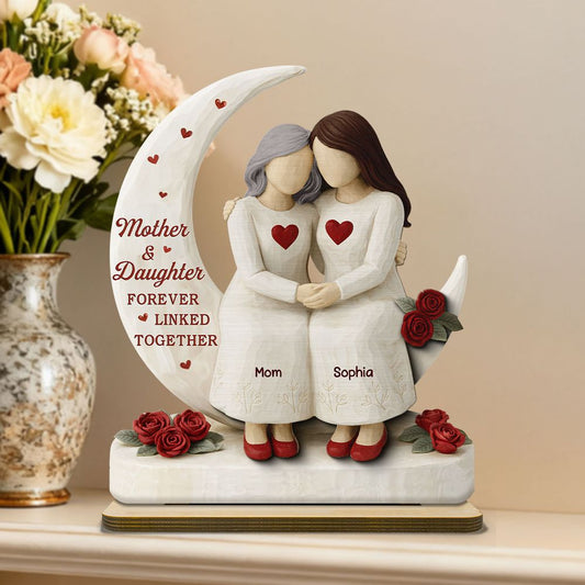 Roses Moon Mom And Daughter Forever Linked Together - Personalized 2-Layered Wooden Plaque