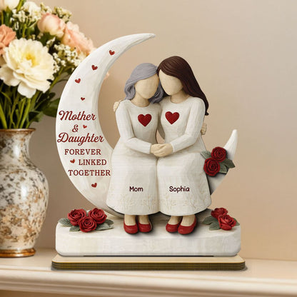 Roses Moon Mom And Daughter Forever Linked Together - Personalized 2-Layered Wooden Plaque