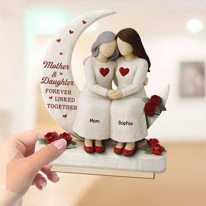 Roses Moon Mom And Daughter Forever Linked Together - Personalized 2-Layered Wooden Plaque