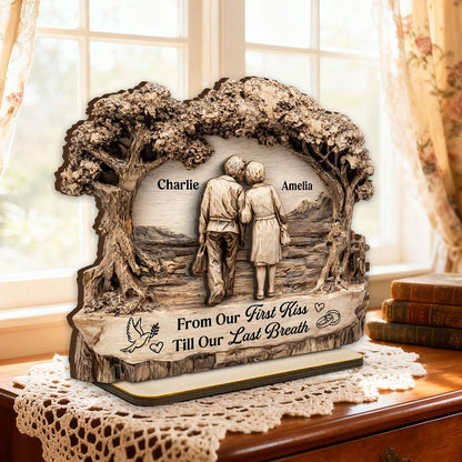 From Our First Kiss Till Our Last Breath - Personalized Couple 2 Layer Standing Wooden Plaque