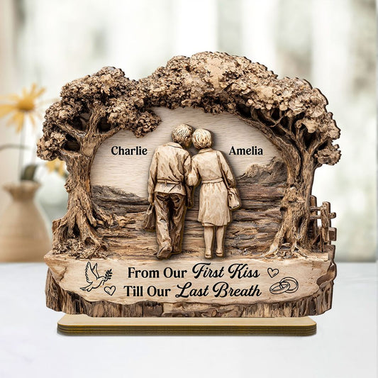 From Our First Kiss Till Our Last Breath - Personalized Couple 2 Layer Standing Wooden Plaque