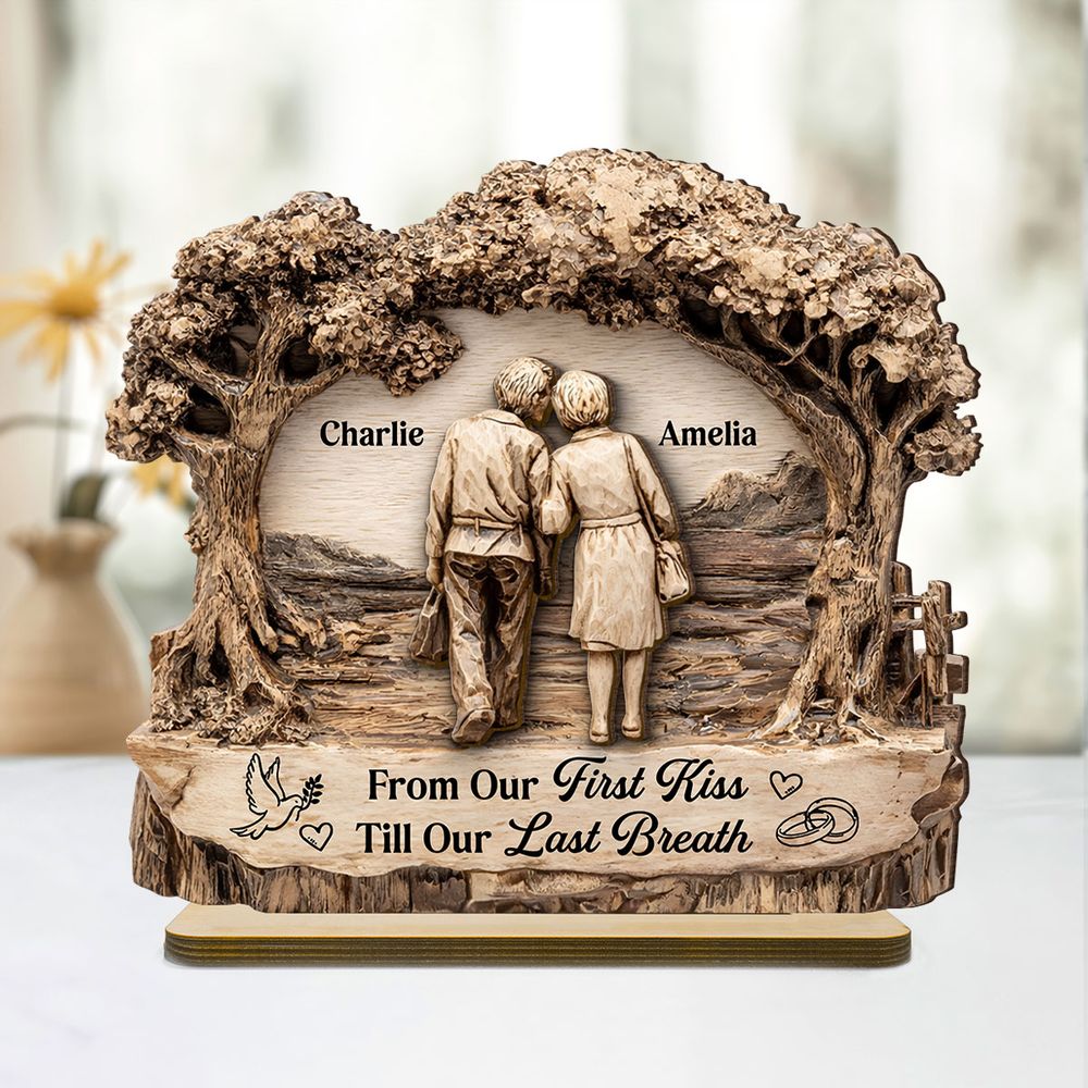 From Our First Kiss Till Our Last Breath - Personalized Couple 2 Layer Standing Wooden Plaque
