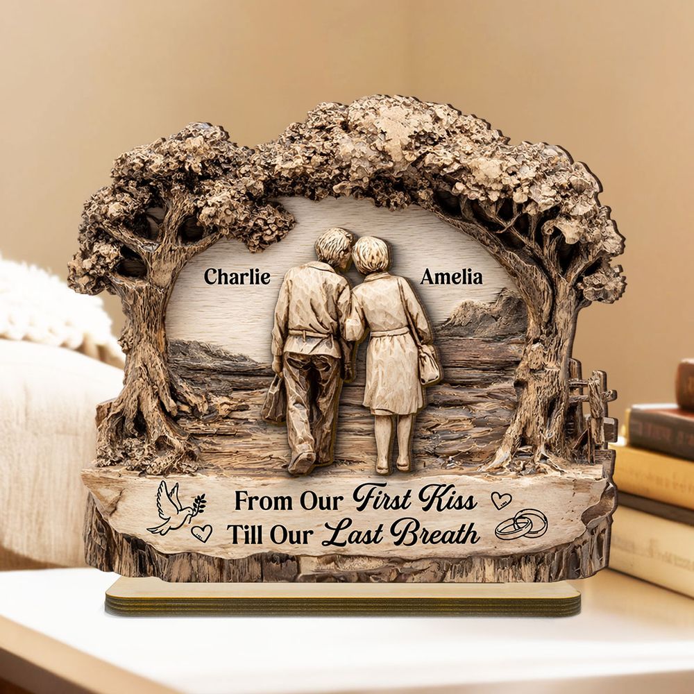 From Our First Kiss Till Our Last Breath - Personalized Couple 2 Layer Standing Wooden Plaque