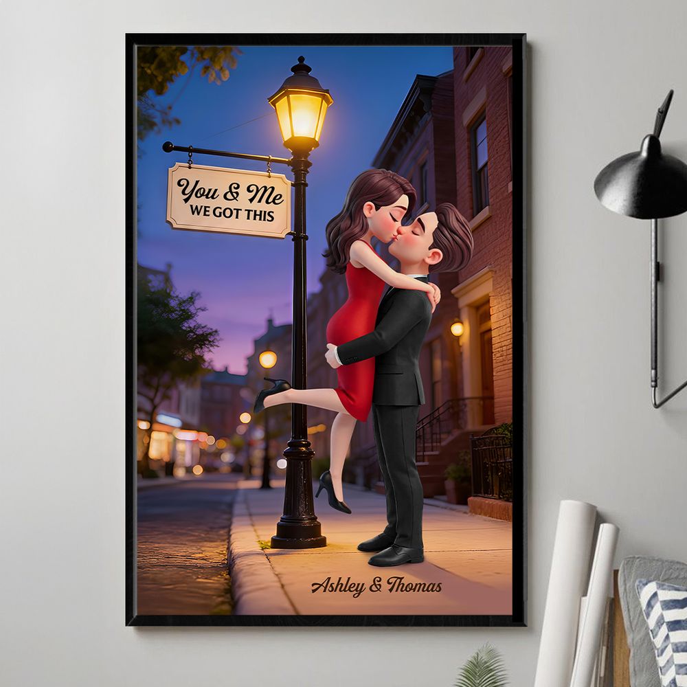 Eternal Love Couple Hugging Kissing Under Street Lamp Post - Personalized Custom Couple Poster / Canvas