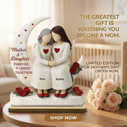 Roses Moon Mom And Daughter Forever Linked Together - Personalized 2-Layered Wooden Plaque