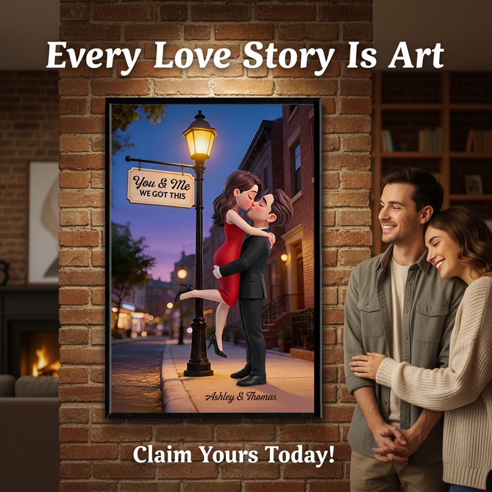 Eternal Love Couple Hugging Kissing Under Street Lamp Post - Personalized Custom Couple Poster / Canvas