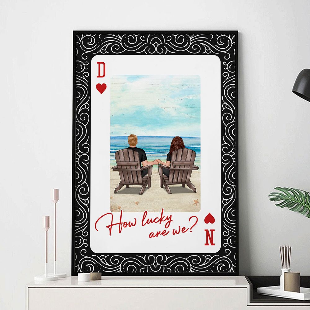 How Lucky We Are - Personalized Couple Back View At Beach Poster / Canvas
