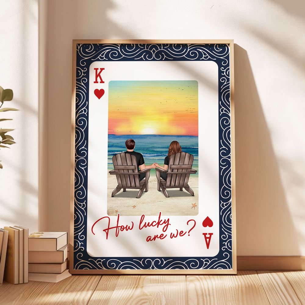 How Lucky We Are - Personalized Couple Back View At Beach Poster / Canvas