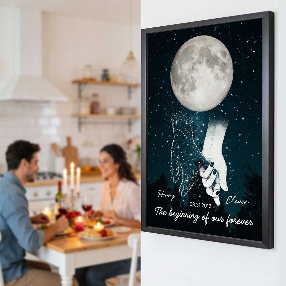Galaxy Night Couple Holding Hands - Personalized Custom Moon Phase Anniversary Date Poster / Canvas