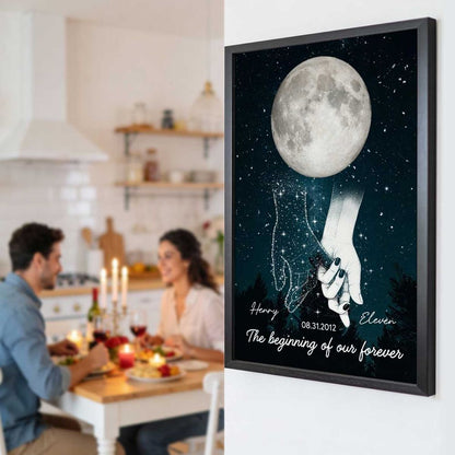 Galaxy Night Couple Holding Hands - Personalized Custom Moon Phase Anniversary Date Poster / Canvas