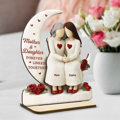 Roses Moon Mom And Daughter Forever Linked Together - Personalized 2-Layered Wooden Plaque