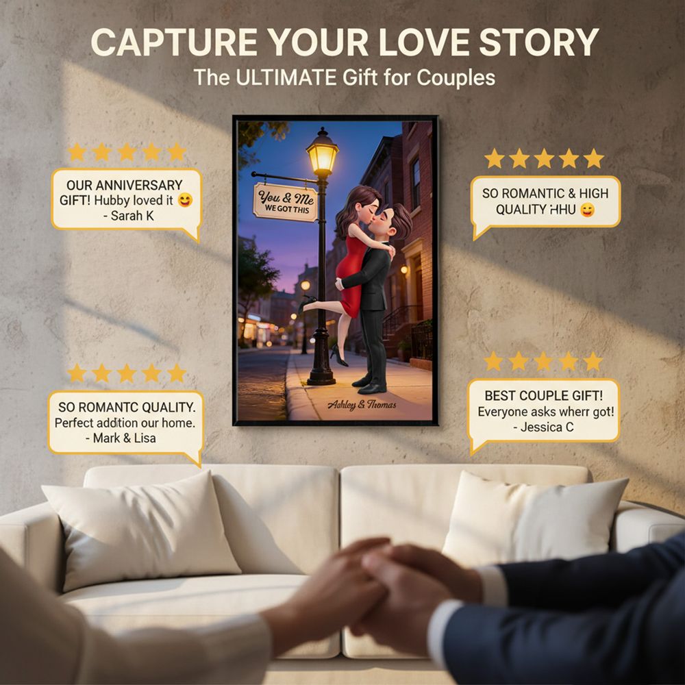 Eternal Love Couple Hugging Kissing Under Street Lamp Post - Personalized Custom Couple Poster / Canvas