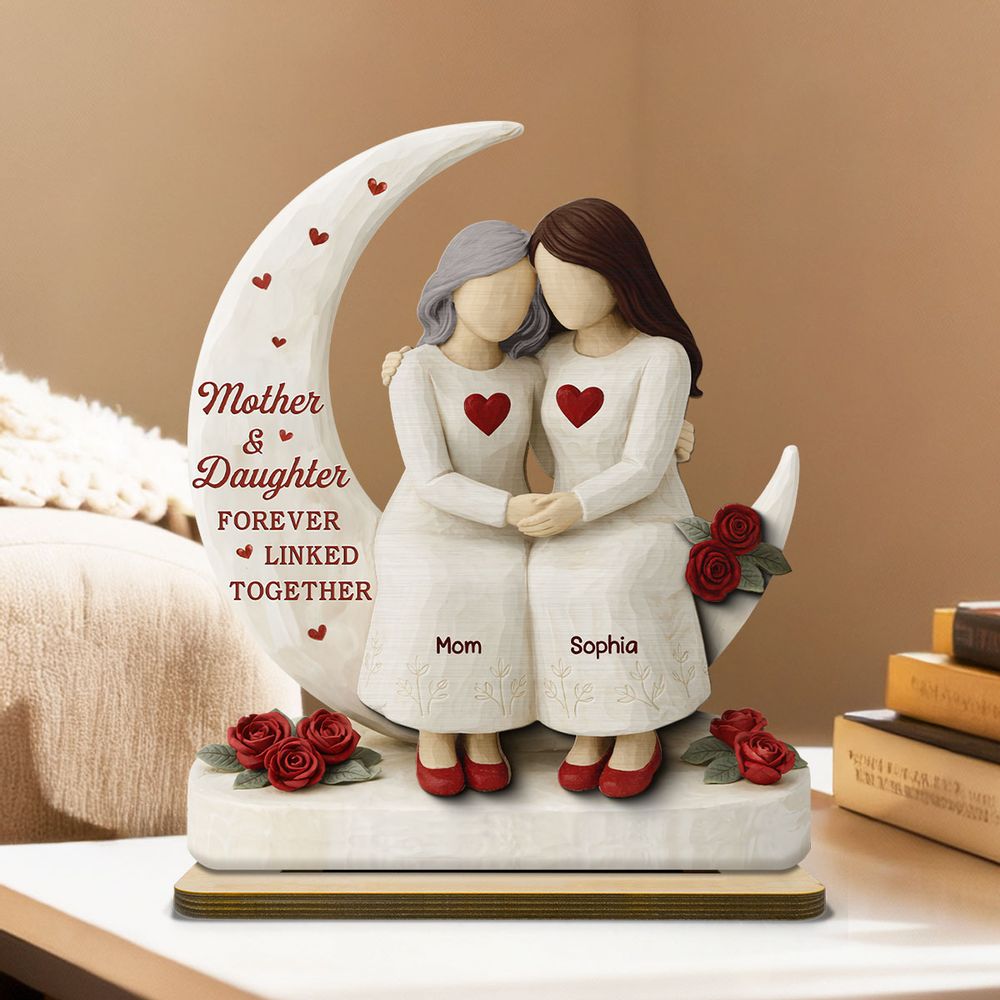 Roses Moon Mom And Daughter Forever Linked Together - Personalized 2-Layered Wooden Plaque