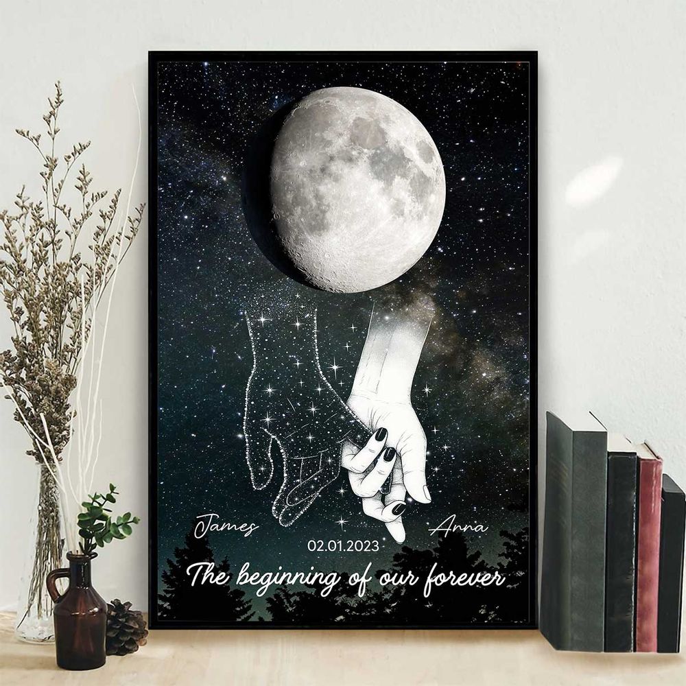 Galaxy Night Couple Holding Hands - Personalized Custom Moon Phase Anniversary Date Poster / Canvas