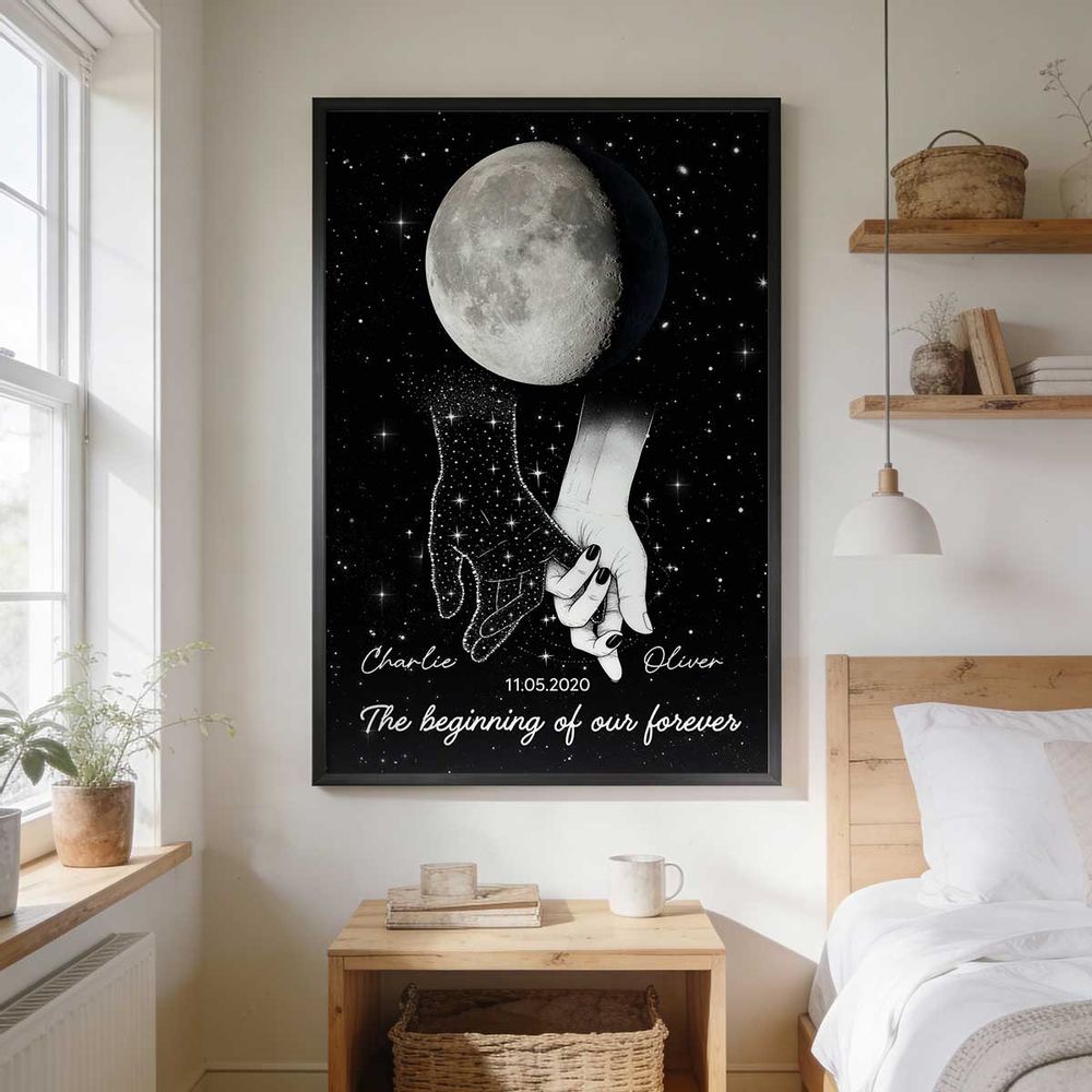 Galaxy Night Couple Holding Hands - Personalized Custom Moon Phase Anniversary Date Poster / Canvas