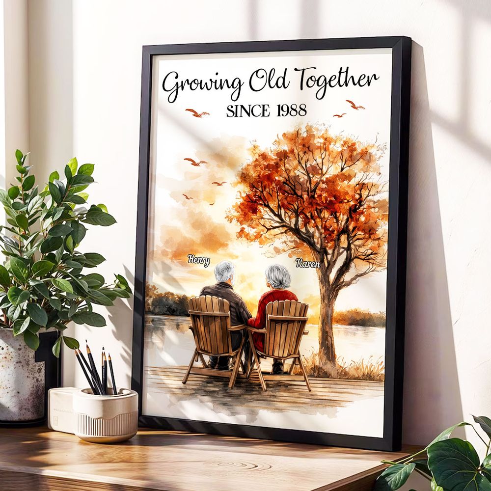 Romantic Old Couple At Park Bench - Personalized Custom Couple Poster / Canvas