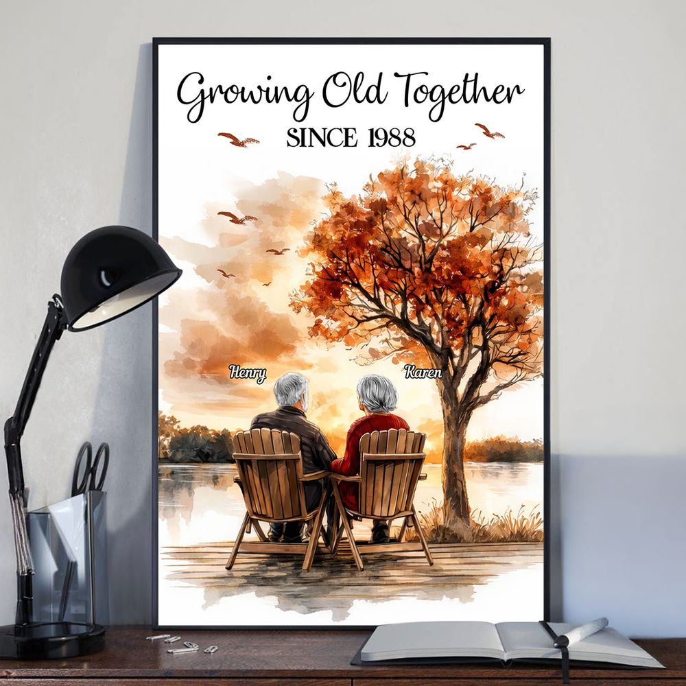 Romantic Old Couple At Park Bench - Personalized Custom Couple Poster / Canvas
