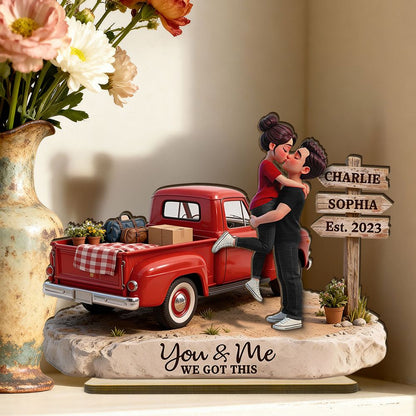 Romantic Couple Pickup Truck Sign Post - Personalized 2-Layered Wooden Plaque