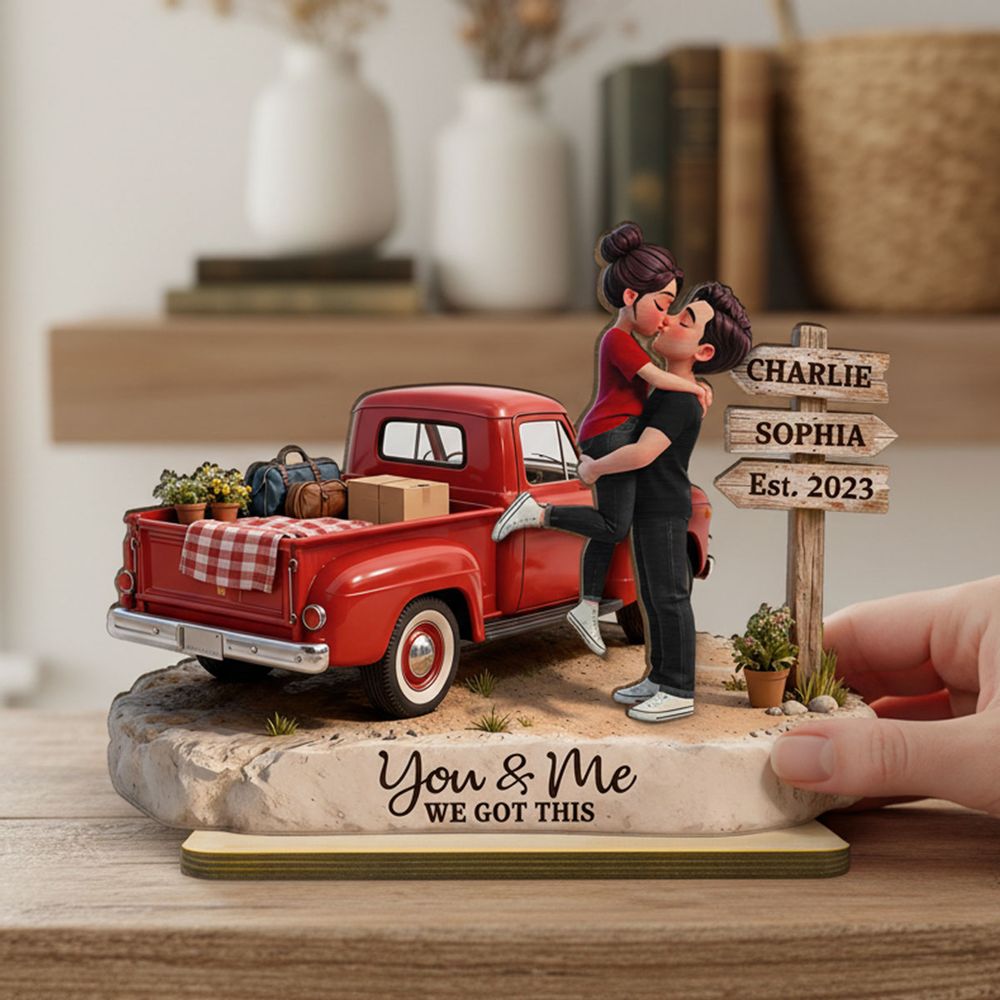 Romantic Couple Pickup Truck Sign Post - Personalized 2-Layered Wooden Plaque