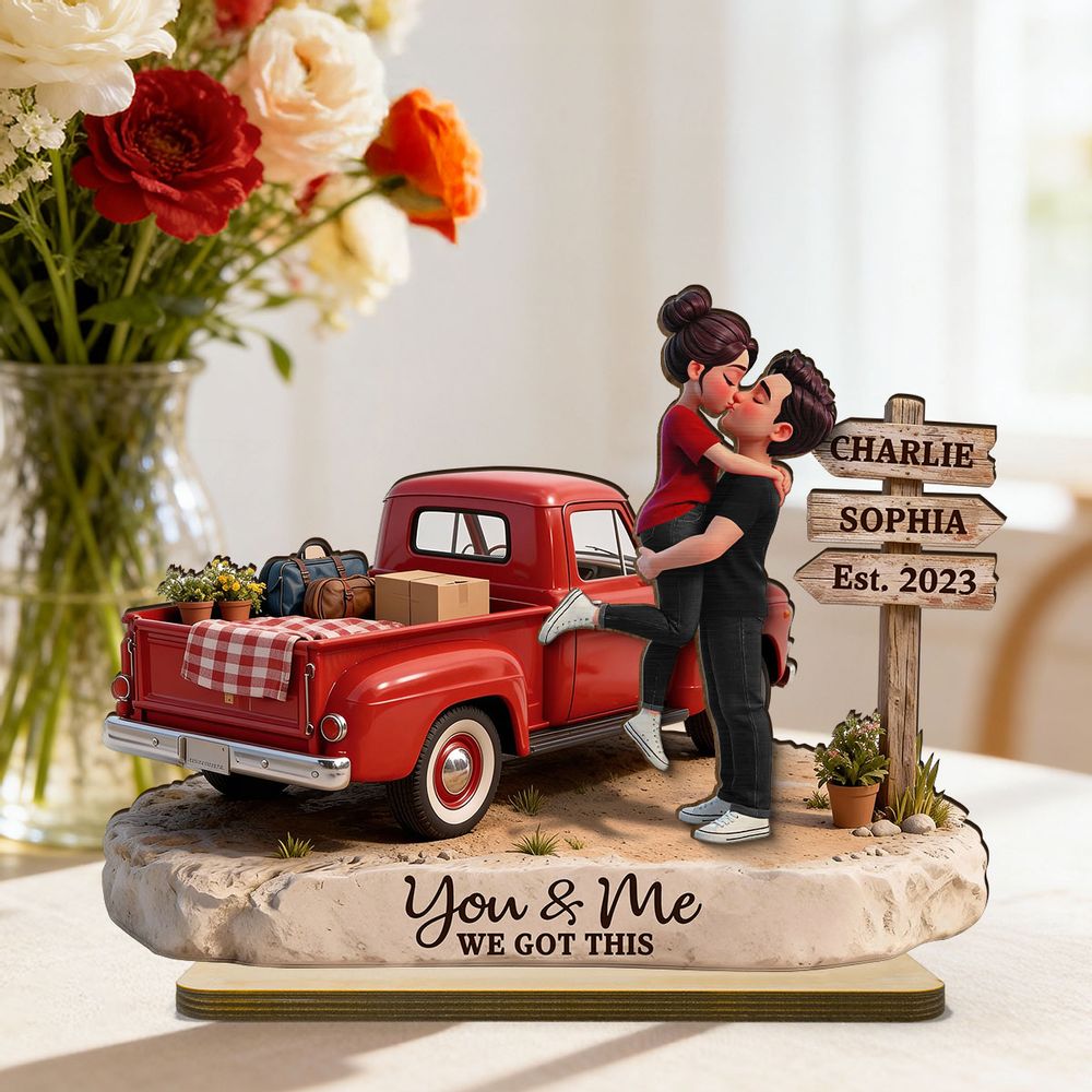 Romantic Couple Pickup Truck Sign Post - Personalized 2-Layered Wooden Plaque