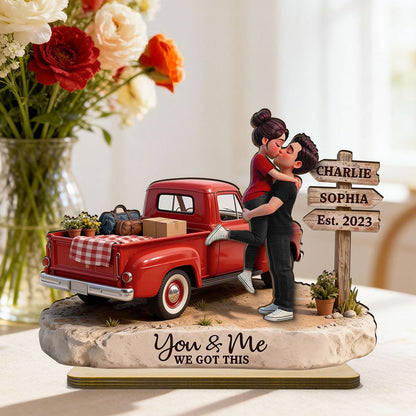 Romantic Couple Pickup Truck Sign Post - Personalized 2-Layered Wooden Plaque