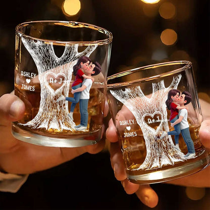 Eternal Love Couple Hugging Kissing Tree Of Love - Personalized Whiskey Glass