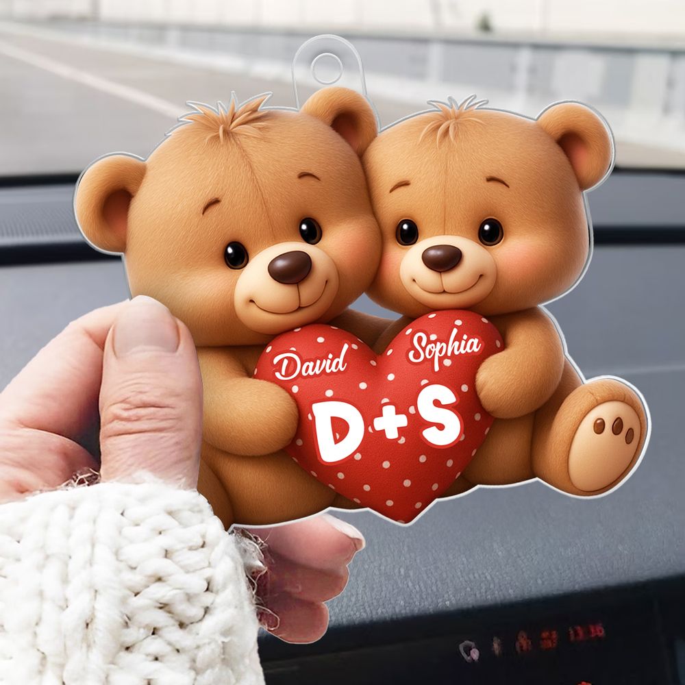 Bear Couple Holding Heart - Personalized Acrylic Car Hanger