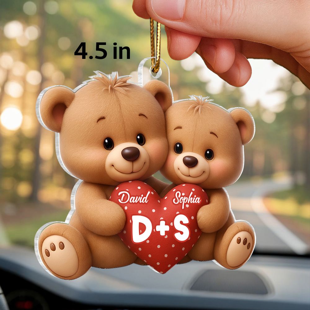 Bear Couple Holding Heart - Personalized Acrylic Car Hanger