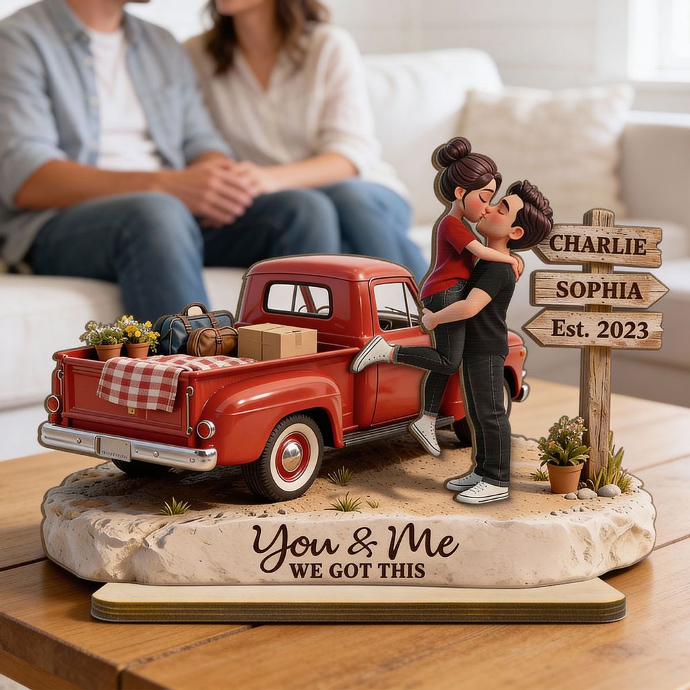 Romantic Couple Pickup Truck Sign Post - Personalized 2-Layered Wooden Plaque