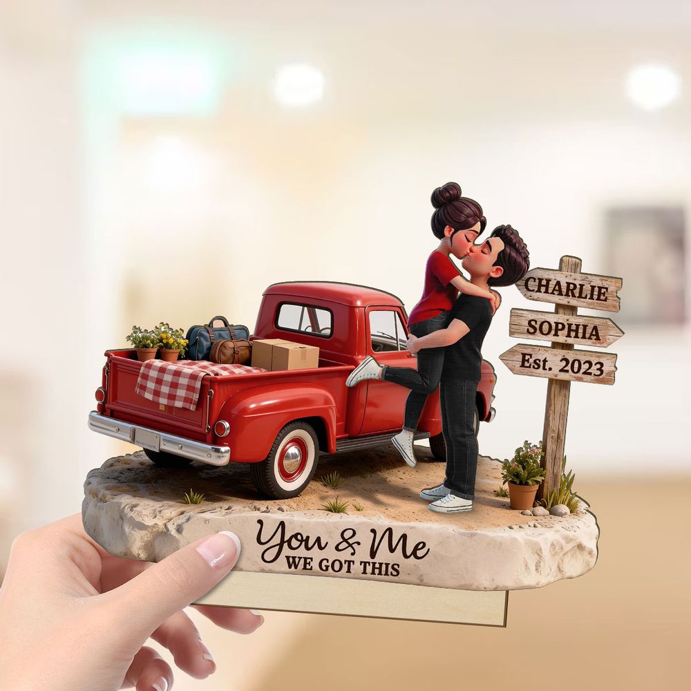 Romantic Couple Pickup Truck Sign Post - Personalized 2-Layered Wooden Plaque