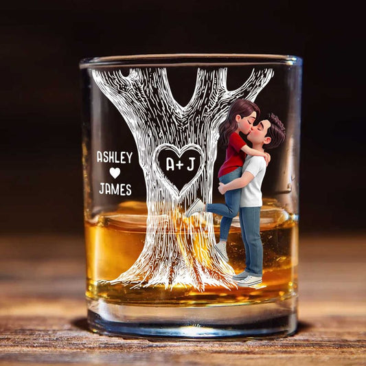 Eternal Love Couple Hugging Kissing Tree Of Love - Personalized Whiskey Glass
