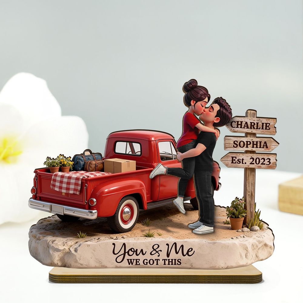 Romantic Couple Pickup Truck Sign Post - Personalized 2-Layered Wooden Plaque
