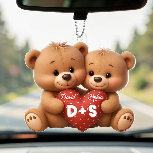 Bear Couple Holding Heart - Personalized Acrylic Car Hanger