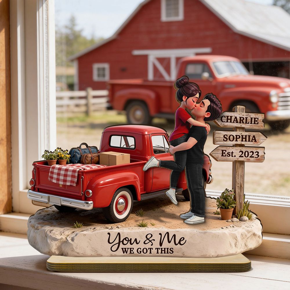 Romantic Couple Pickup Truck Sign Post - Personalized 2-Layered Wooden Plaque