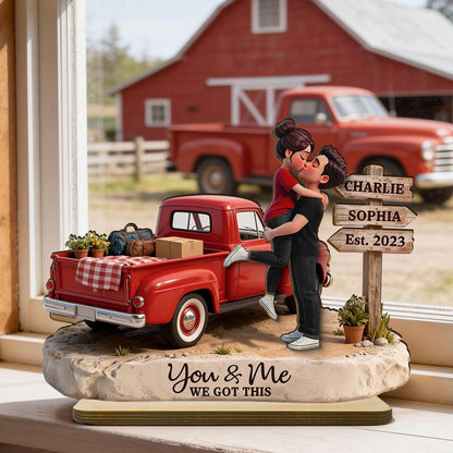 Romantic Couple Pickup Truck Sign Post - Personalized 2-Layered Wooden Plaque