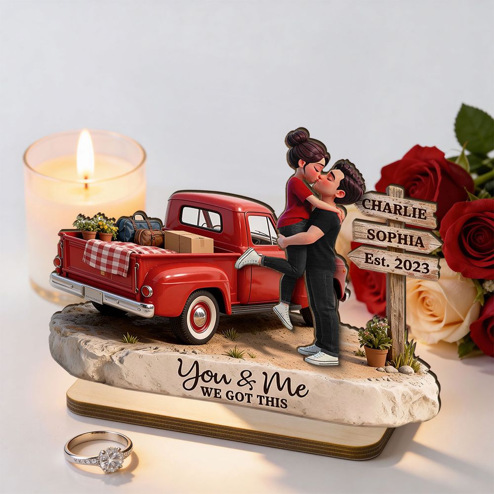Romantic Couple Pickup Truck Sign Post - Personalized 2-Layered Wooden Plaque
