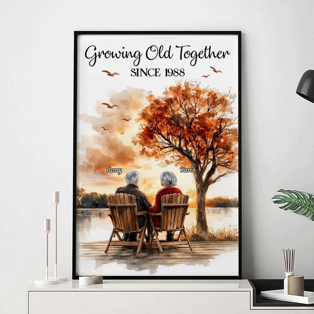 Romantic Old Couple At Park Bench - Personalized Custom Couple Poster / Canvas