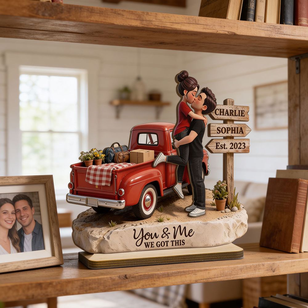 Romantic Couple Pickup Truck Sign Post - Personalized 2-Layered Wooden Plaque