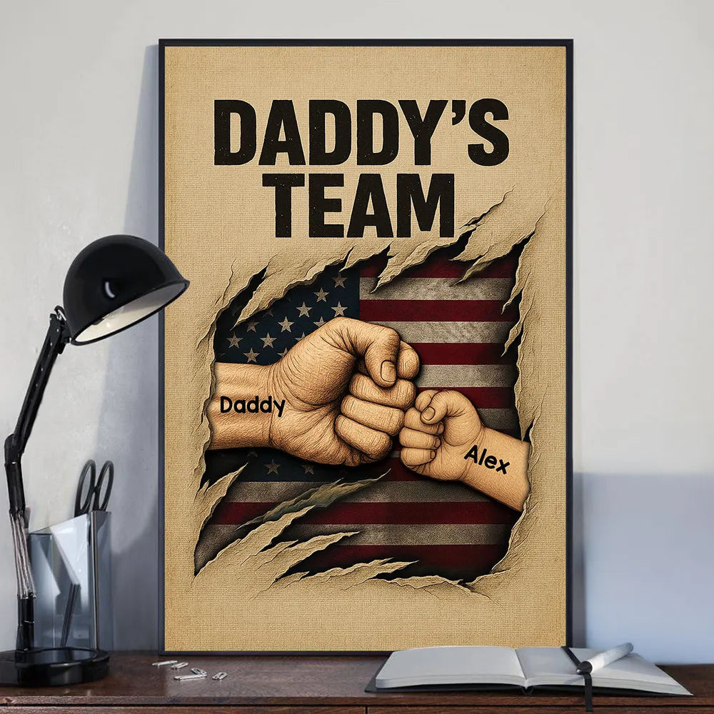 Personalized Daddy's Team Fist Bump Torned Flag Poster / Canvas - Father's Day Gift for Dad