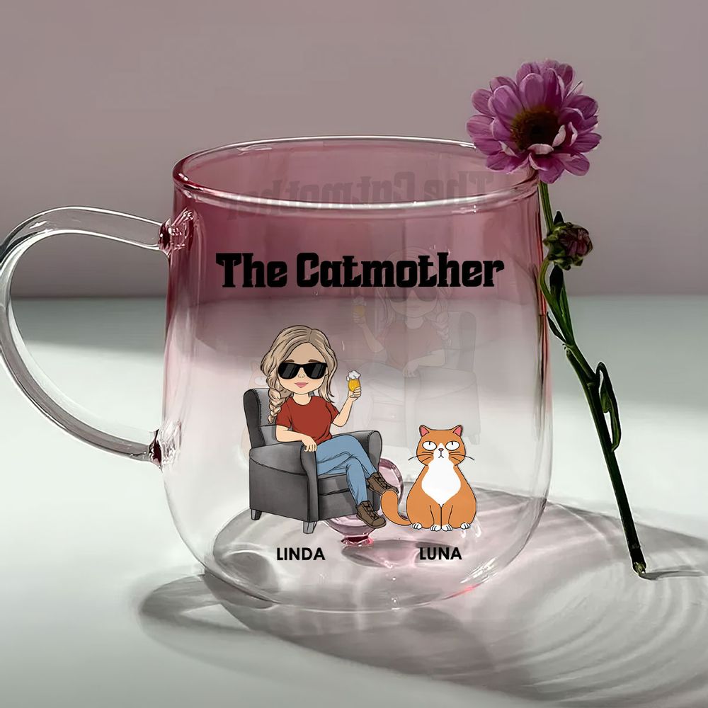 Personalized The Catmother Pink Gradient Glass Mug - Custom Gift Or Cat Lovers