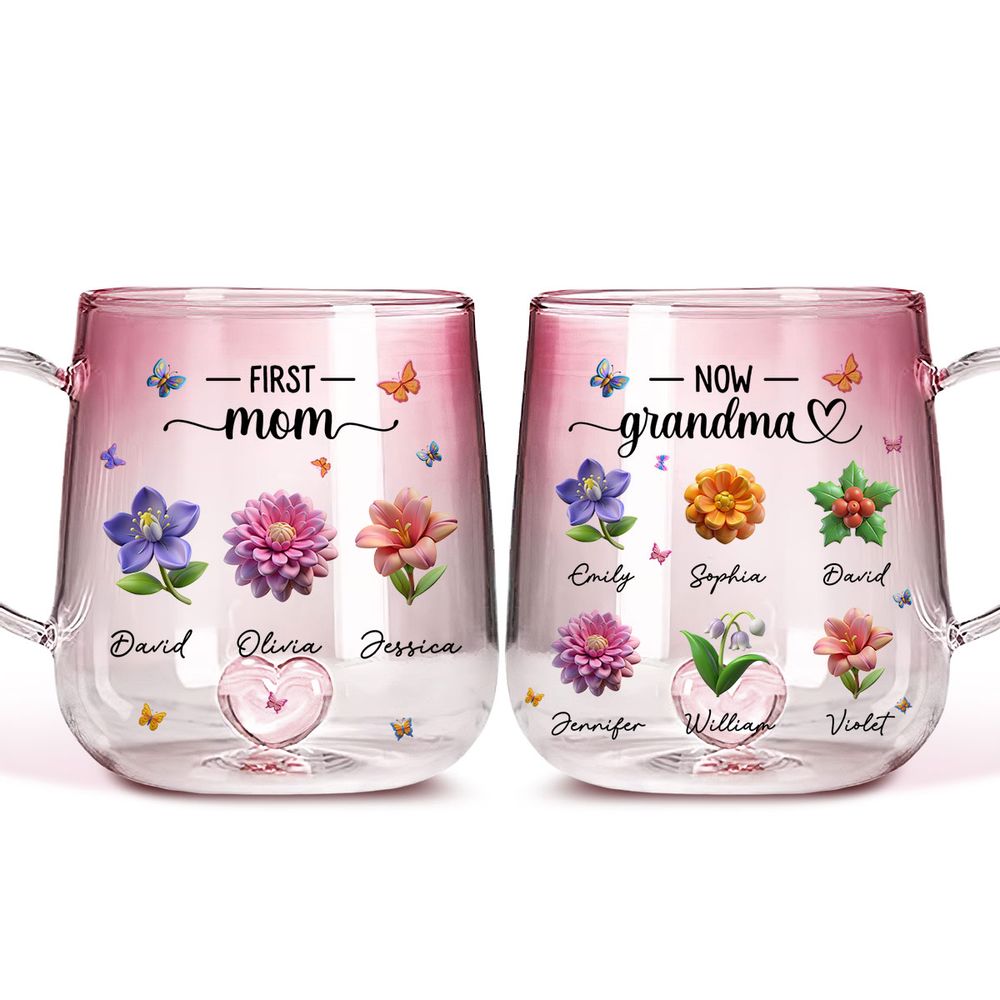 Custom Grandma Birth Month Flower - Personalized Pink Gradient Glass Mug