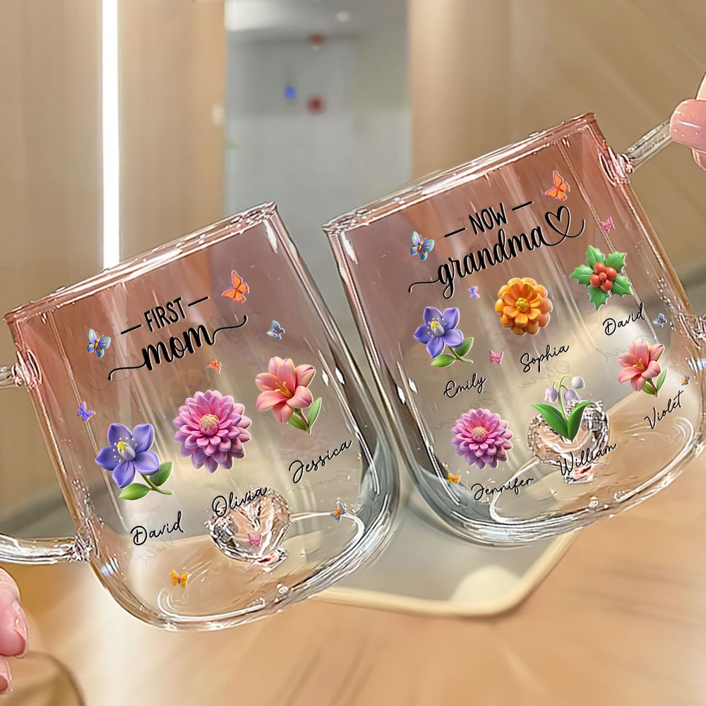 Custom Grandma Birth Month Flower - Personalized Pink Gradient Glass Mug