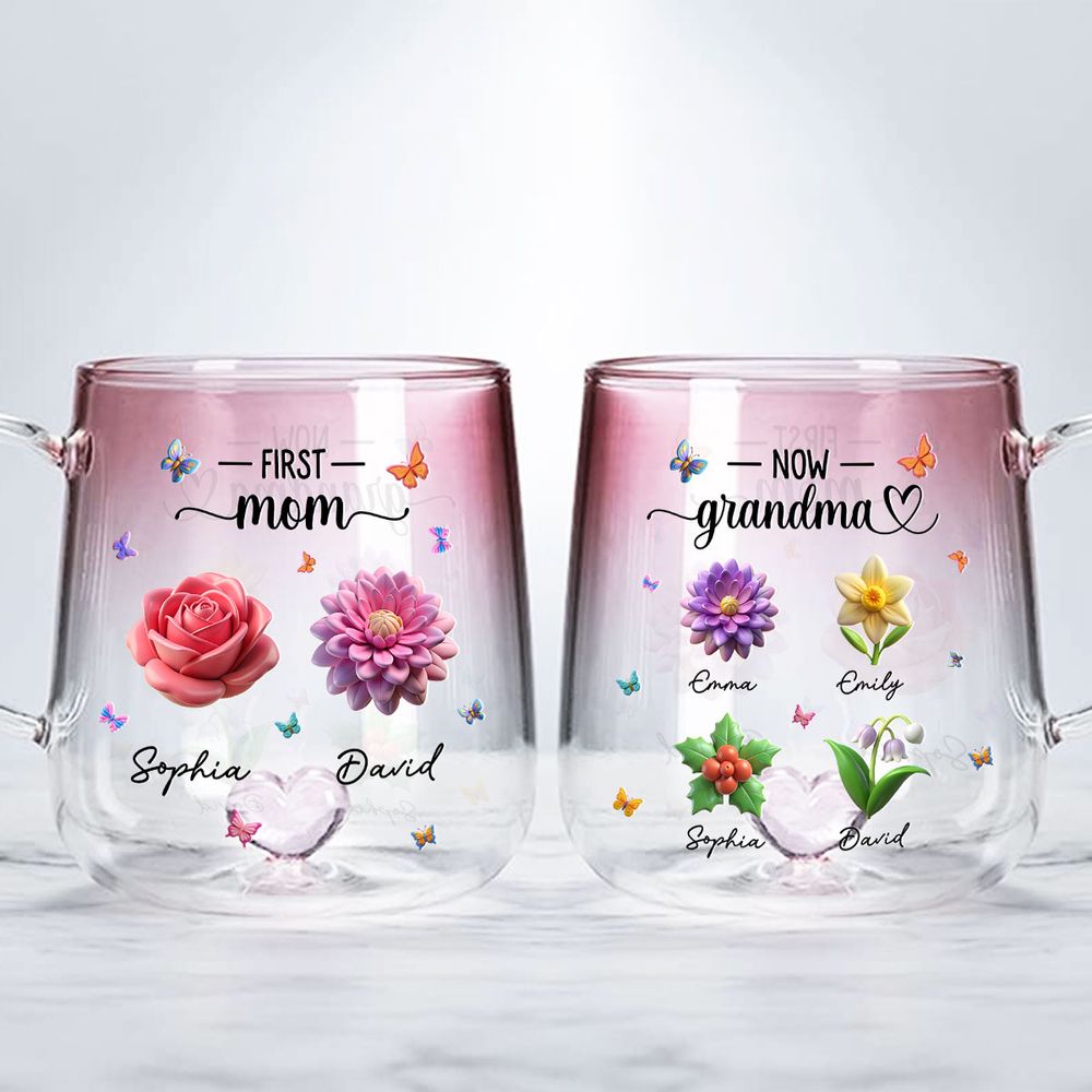 Custom Grandma Birth Month Flower - Personalized Pink Gradient Glass Mug