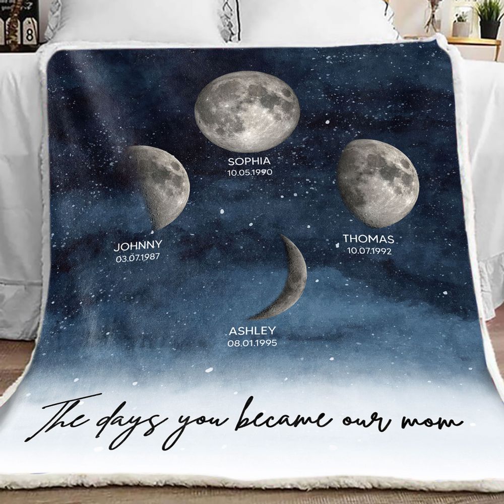 The Day You Became Mom - Personalized Custom Starry Night Birthday Moon Phase Blanket