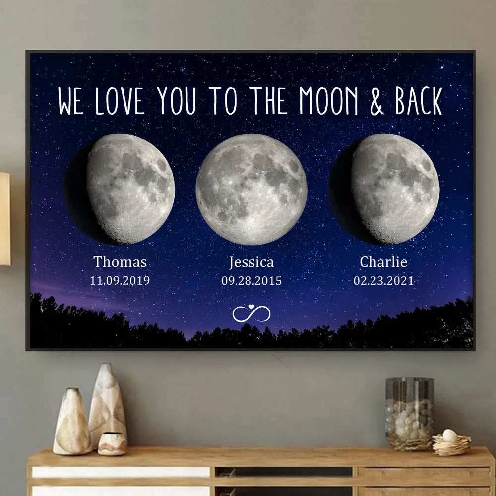 We Love You to the Moon & Back - Personalized Custom Starry Night Art Moon Phase Poster / Canvas