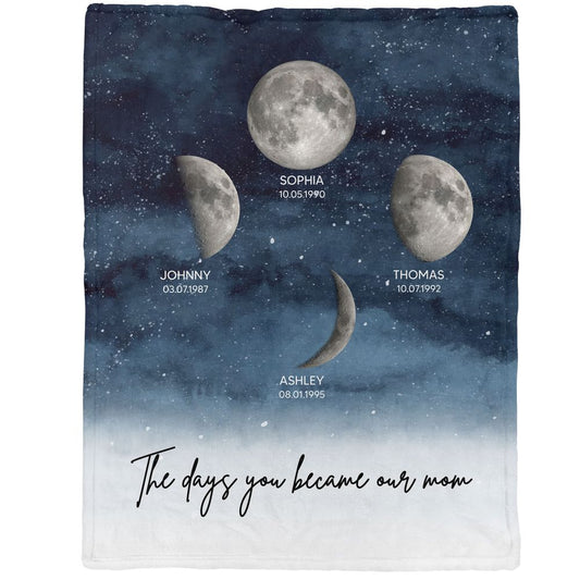 The Day You Became Mom - Personalized Custom Starry Night Birthday Moon Phase Blanket