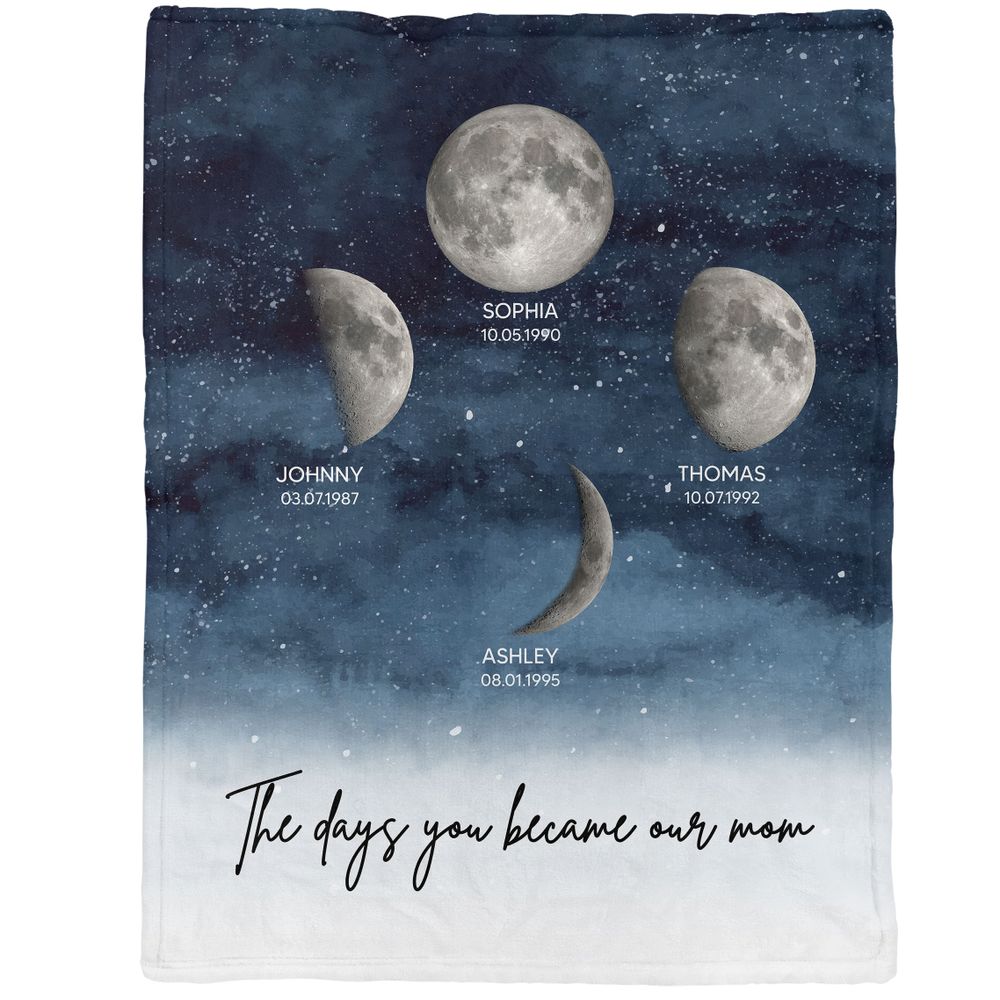 The Day You Became Mom - Personalized Custom Starry Night Birthday Moon Phase Blanket