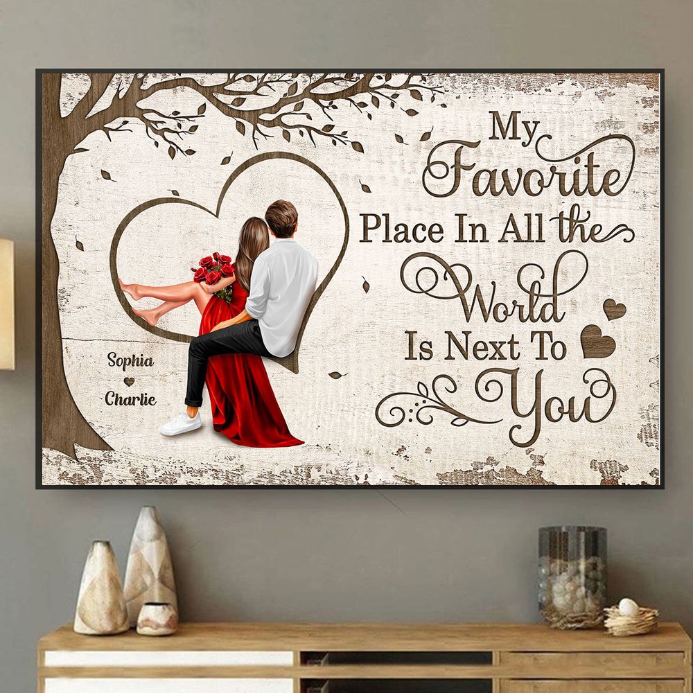 Personalized Favorite Place In The World Heart Couple Sitting Couple Poster / Canvas - Custom Valentine’s & Anniversary Gift