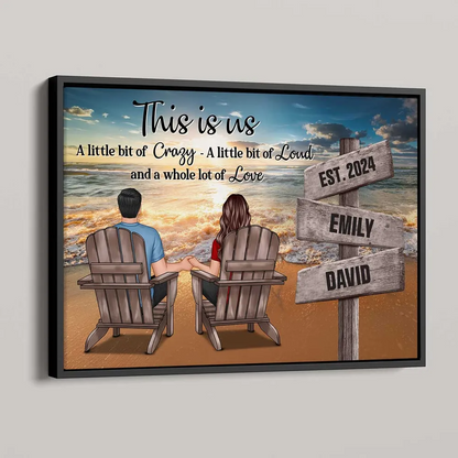 Personalized Custom Couple Sitting Holding Hands Sign Posts Canvas / Poster - Custom Romantic Beach Landscape Home Decoration