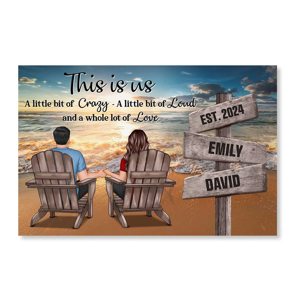 Personalized Custom Couple Sitting Holding Hands Sign Posts Canvas / Poster - Custom Romantic Beach Landscape Home Decoration